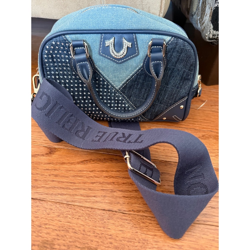 True Religion Denim Patchwork Rhinestone‎ Crossbody Satchel Bag Blue Horseshoe